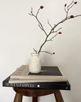 White vase with branches on stacked books, minimalist decor on wooden stool.