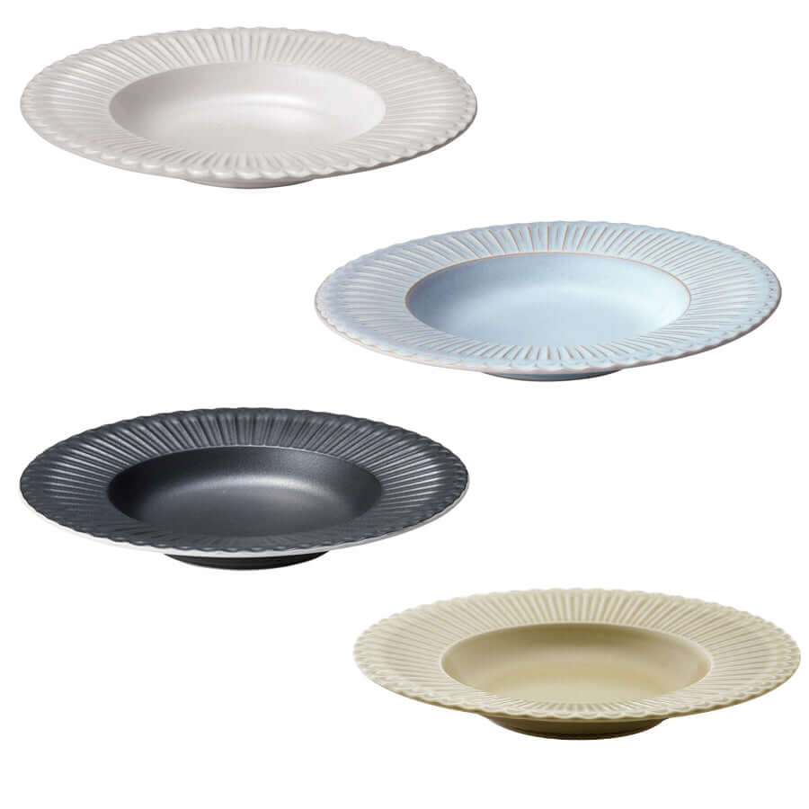Storia Deep Plate 26cm in four colors with lace edges and lacquer finish, elegant porcelain design from Japan.