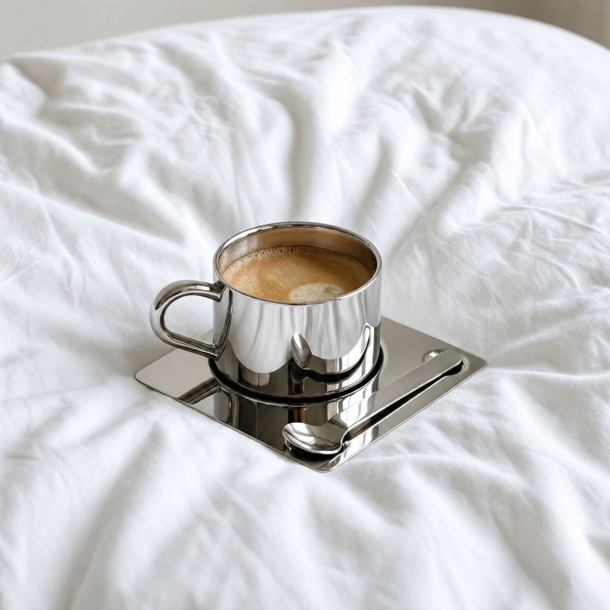 Venice Mirror Cup, the LoveÉcru best seller, on a white bed
