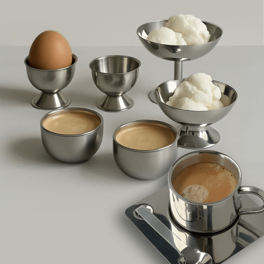 The Essential Set of LoveÉcru stainless steel cups and egg holders