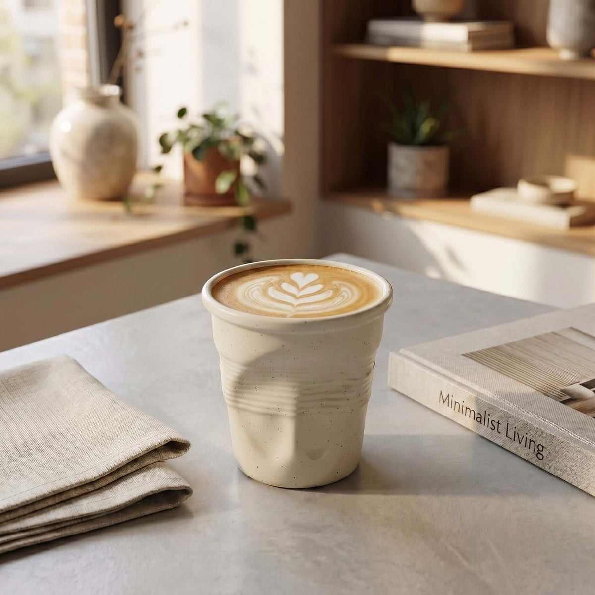 Beige Crushed Ceramic Mug with a latte on a kitchen counter