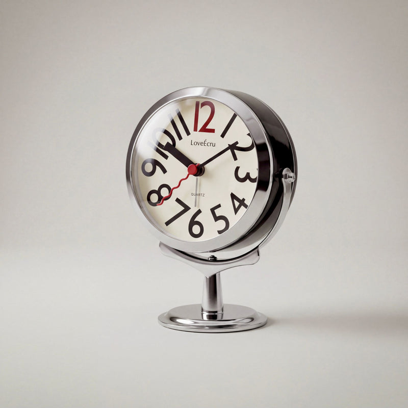 Orbit Alarm Clock in chrome, front view of the dial on its polished stand
