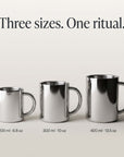 Double-Wall Glossy Stainless Steel Cups in 200 ml, 300 ml and 400 ml sizes, three sizes one ritual