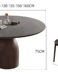 Solid wood round table with measurements and a matching chair, showcasing Italian minimalist design and elegant craftsmanship.