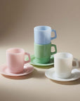 Pastel Muse Mug & Saucer Sets in pink, blue, green and white, stacked