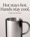 Double-Wall Glossy Stainless Steel Cup with handle, hot stays hot, hands stay cool