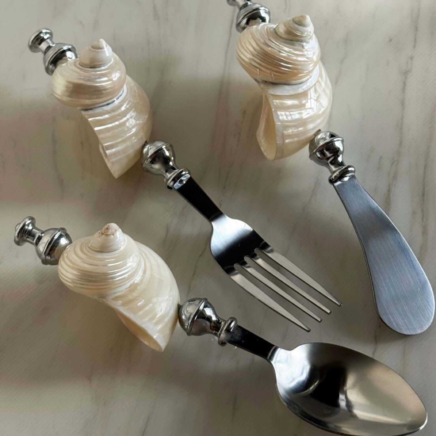 Shoreline Cutlery Set — stainless steel flatware with natural shell handles by LoveÉcru
