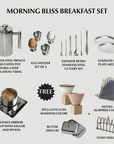 Morning Bliss 13-piece breakfast set overview: French press, egg holders, cutlery, plates, Venice cups and free gifts