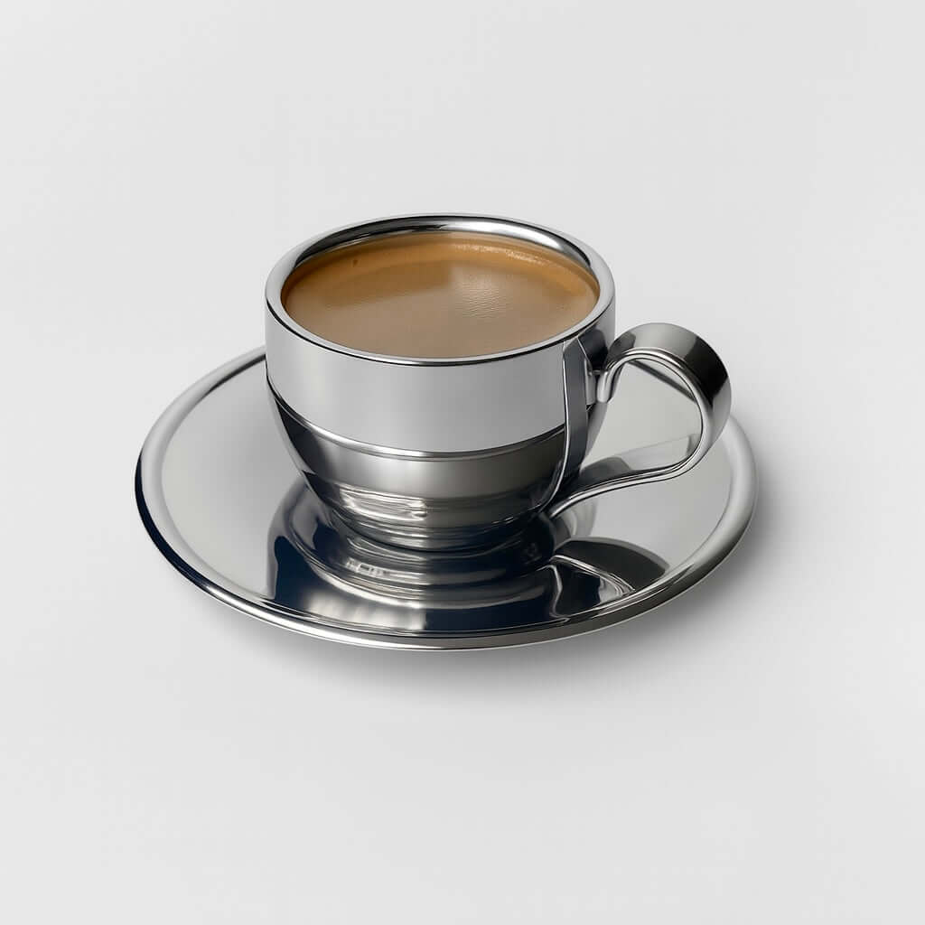 Luna Mirror Cup 200ml — mirror-polished stainless steel cup and saucer by LoveÉcru