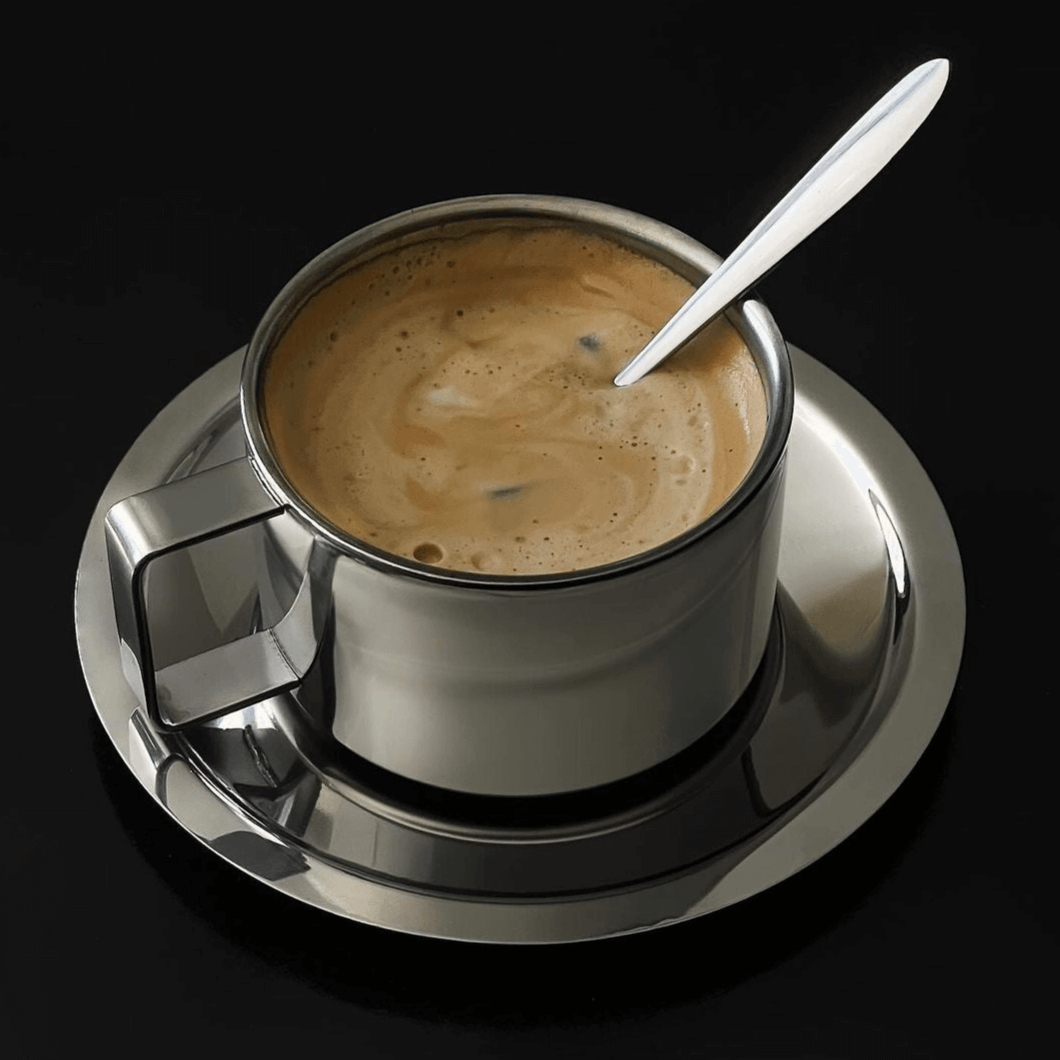 Italian style steel latte coffee cup with saucer and spoon, featuring double-layered design for thermal insulation, on a black background.