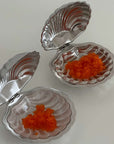 Clara Glass Shell Dish with red caviar inside the Vintage Metal Shell Box