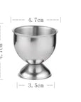 Stainless steel egg holder with dimensions labeled, featuring an elegant matte finish design, perfect for kitchen decor.