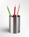 Minimalist Stainless Steel Desk Organizer holding coloured pencils