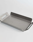 Maison Tray, stainless steel griddle tray with sculpted side handles and raised back guard