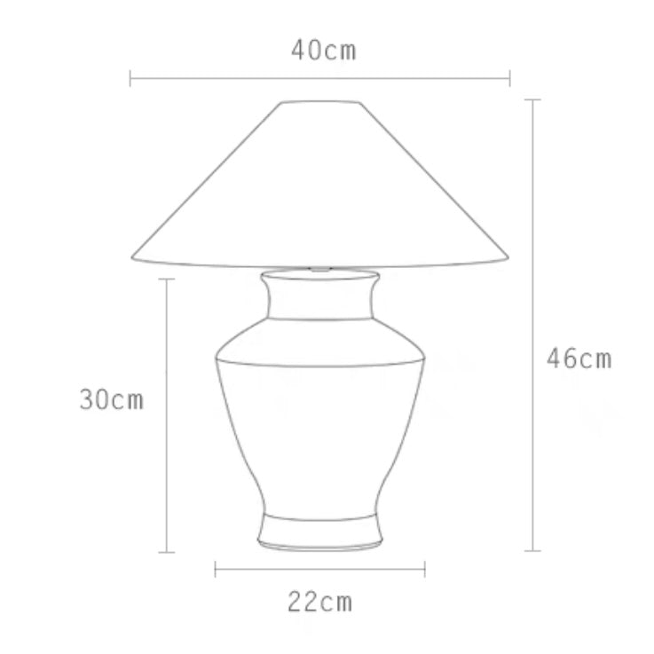 Diagram of Short Neck Table Lamp with dimensions 40cm lampshade, 22cm base, 30cm height, made of clay pot and linen.