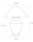 Diagram of Short Neck Table Lamp with dimensions 40cm lampshade, 22cm base, 30cm height, made of clay pot and linen.