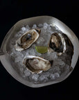 Sculpted Stainless Steel Bowl with oysters on ice and a lime, top view