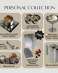 Personal Kitchen Essentials 11-piece set overview: Venice cup, Milano Duo, spherical cups, ice cream cup, French press, spoons and free gifts