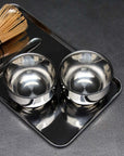 Minimalism Stainless Steel Serving Tray with Spherical Cups and a bamboo whisk