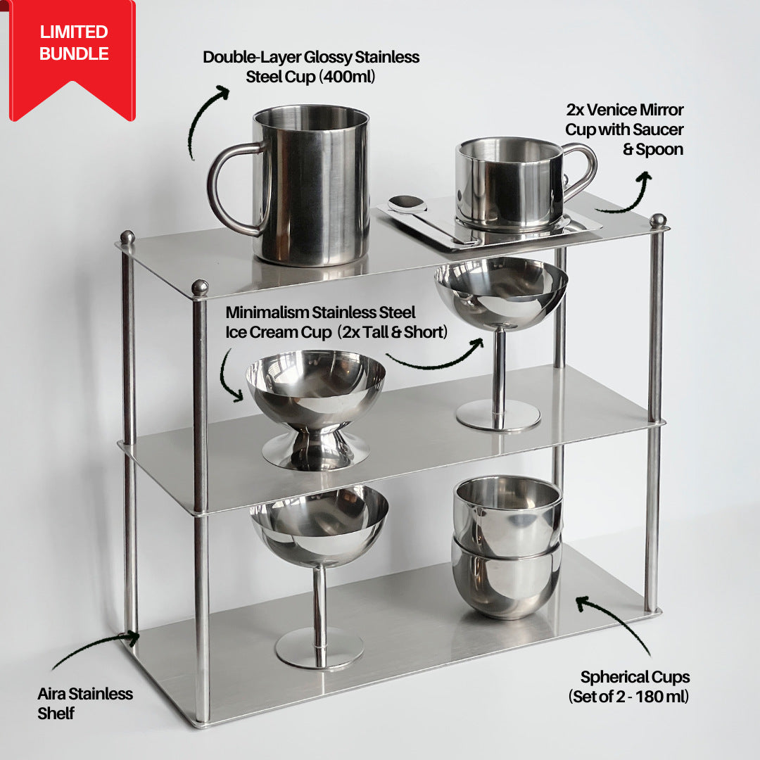 Aesthetic Stainless Bundle featuring polished items: Aira Shelf, Venice Cups, double-layer steel mug; limited offer.