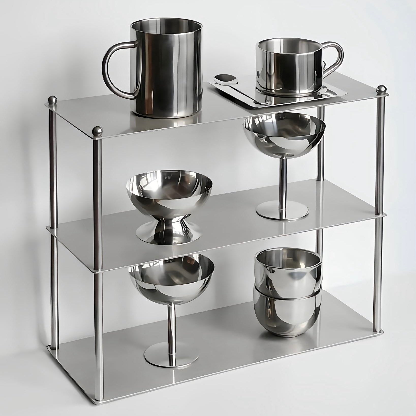 Aesthetic stainless steel shelf with polished cups and bowls, perfect for elegant and functional home decor.