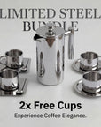 Limited Steel Bundle promotional image: French press and cups with 2x free cups