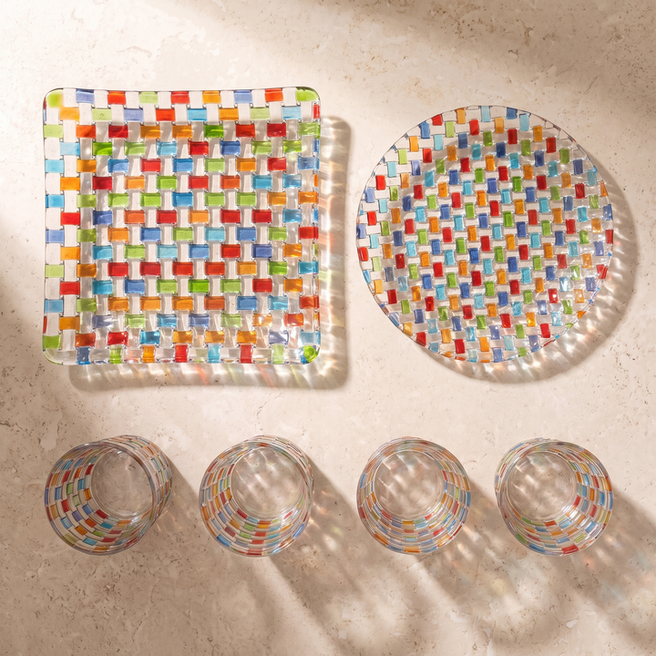 Everything in the square Tessera Table set laid out from above: square platter, 23.5 cm plate and four glasses