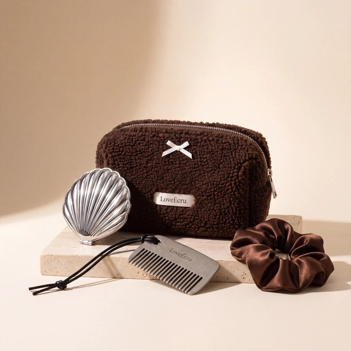 LoveÉcru Christmas Gift Set with teddy pouch, shell mirror, comb and satin scrunchie