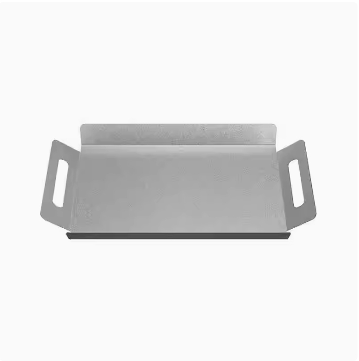 Sleek steel griddle plate with handles for easy handling, perfect for cooking in kitchens or on grills.