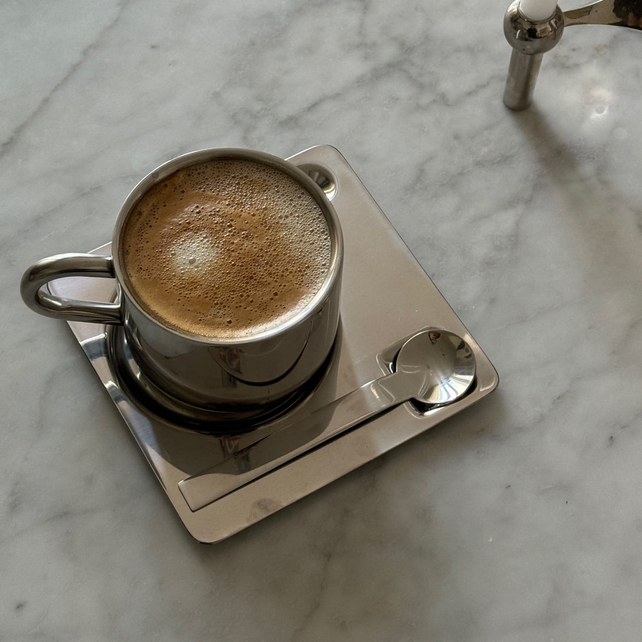 Stahl Kaffeetasse mit Quadratischer Untertasse &amp;amp; Löffel