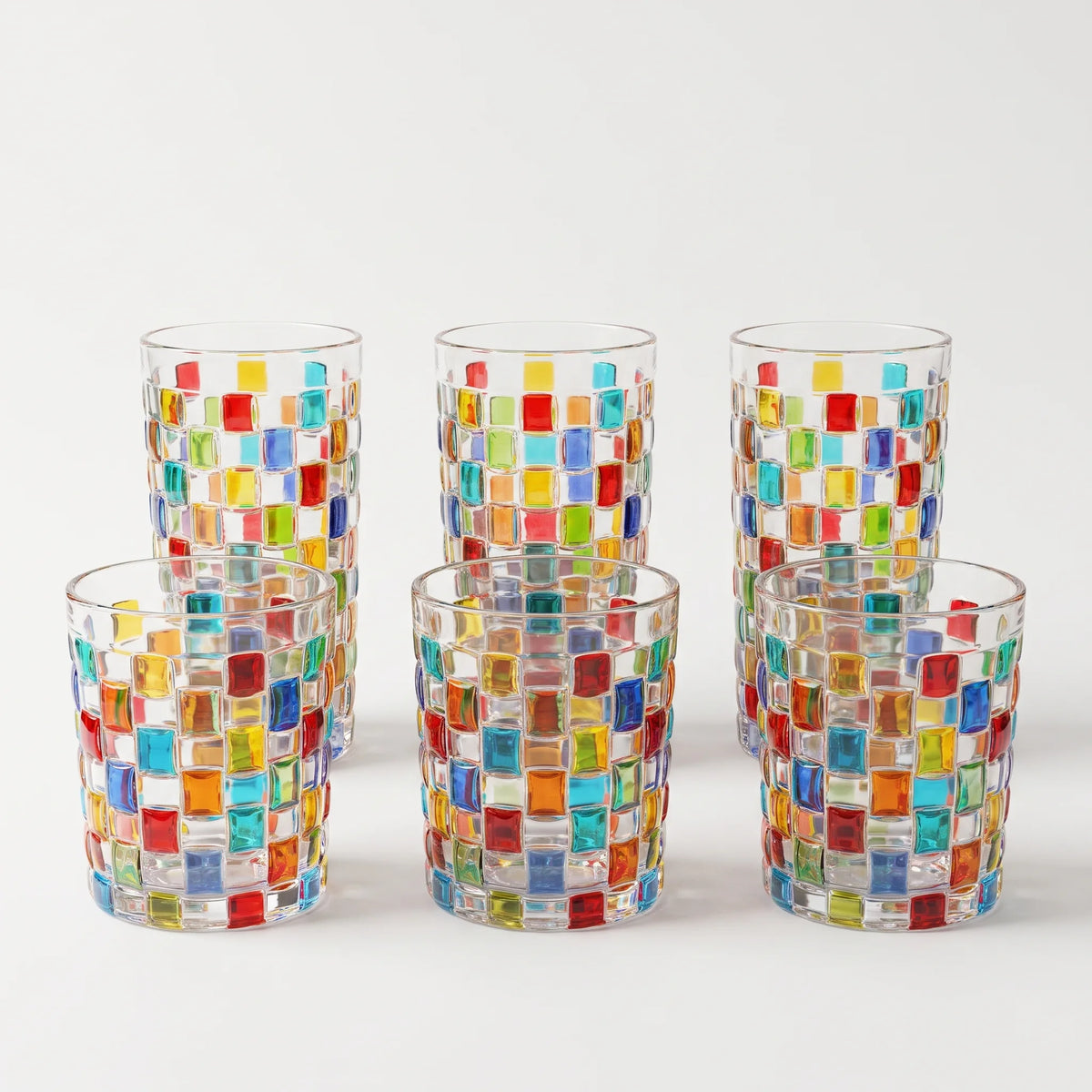 Three Short 280 ml and three Tall 300 ml Tessera glasses on neutral white.