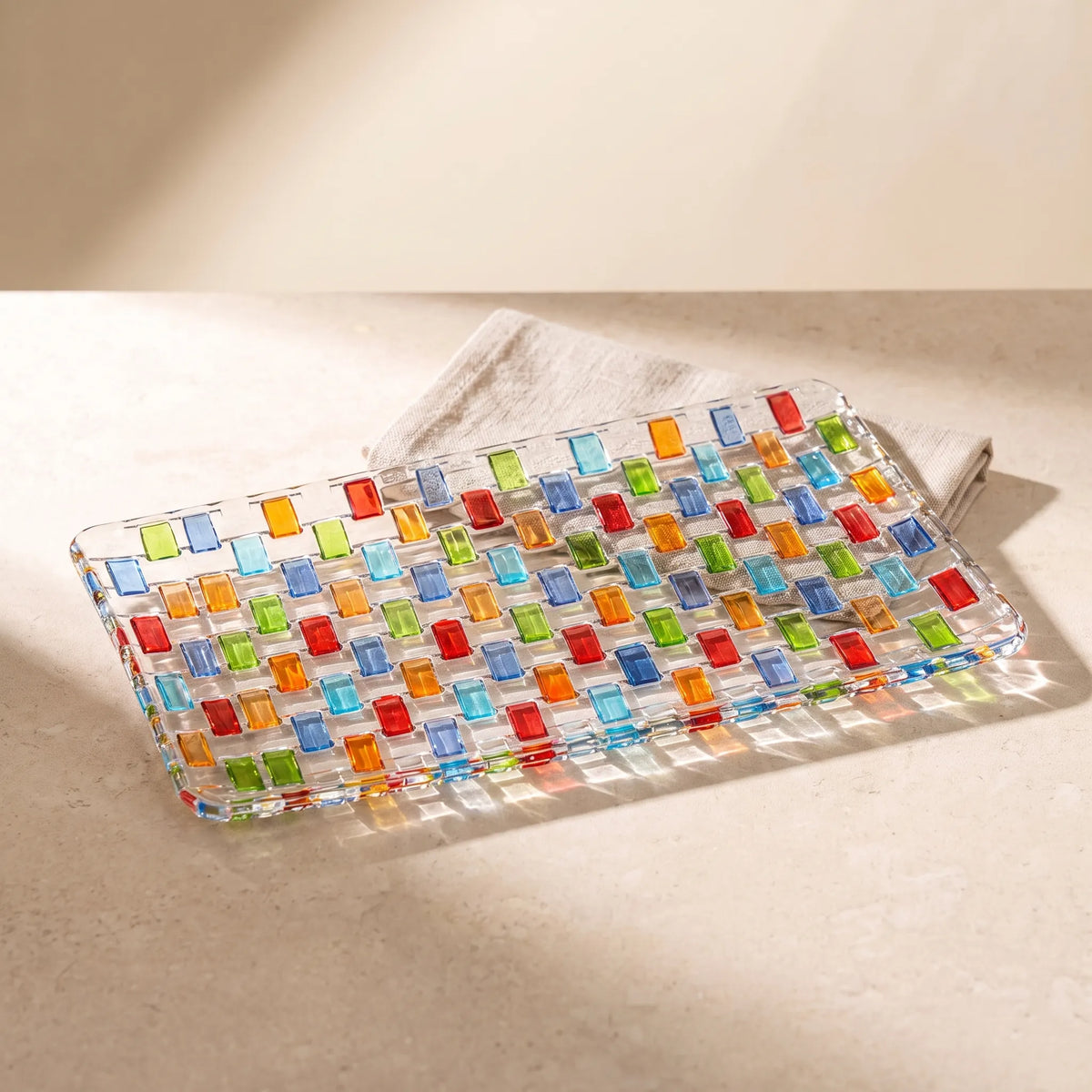 Close-up of the woven glass texture of the Tessera rectangular platter