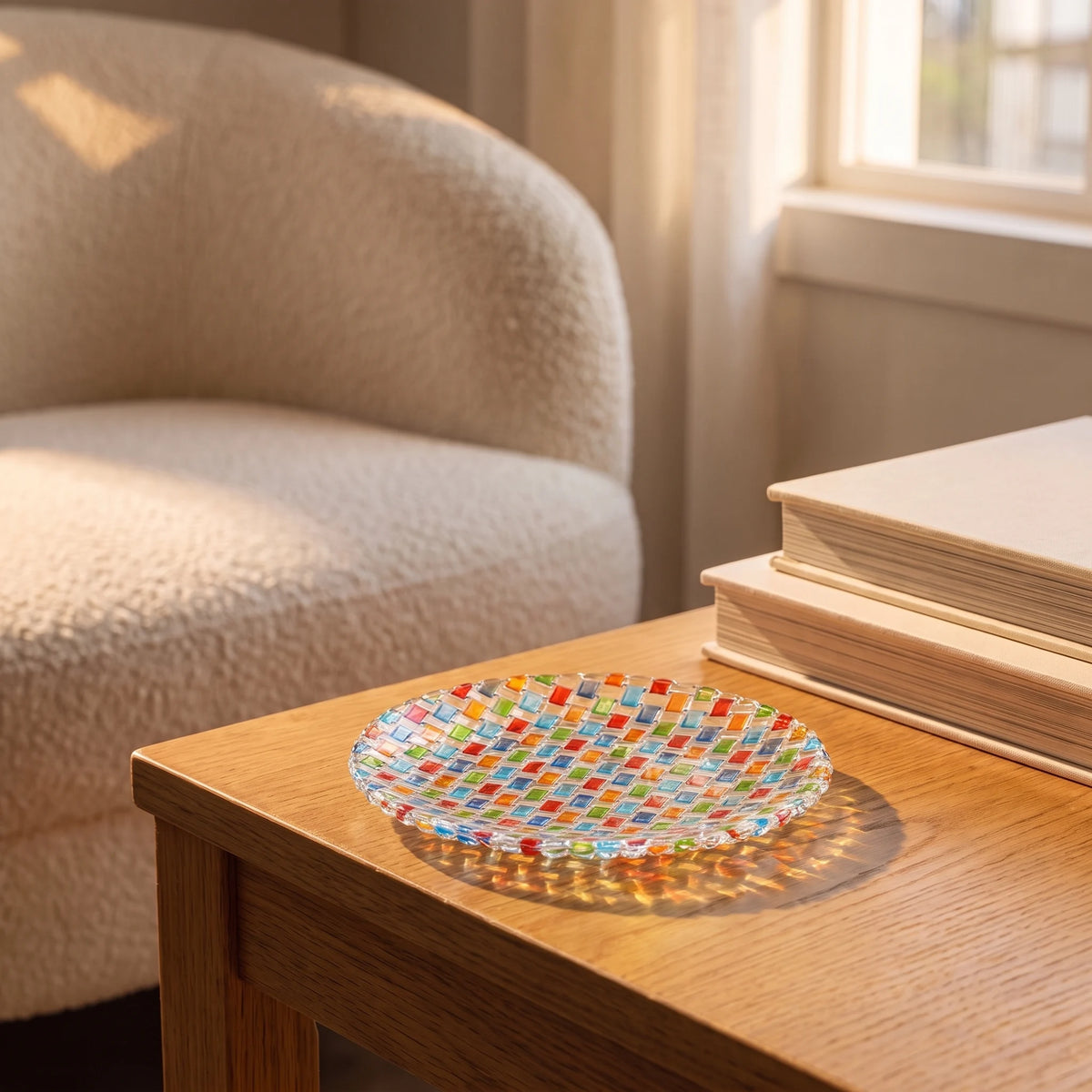 Tessera hand-painted mosaic plate 16.7 cm on an oak side table