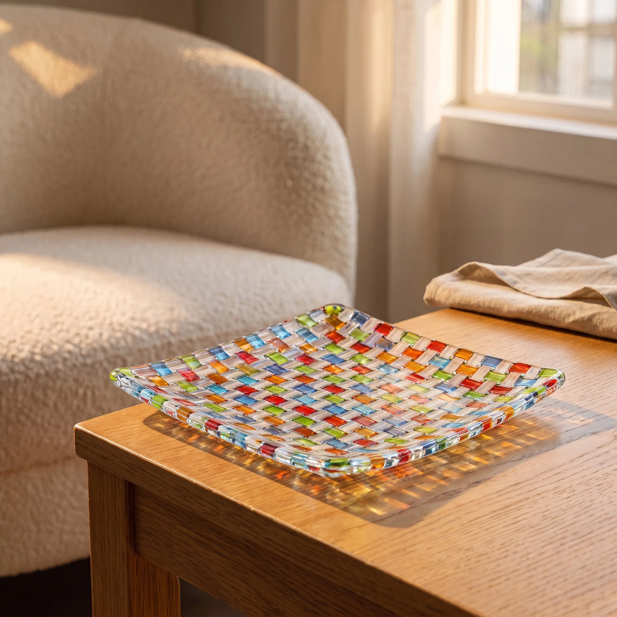 Tessera square platter on an oak side table by a window