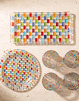 Everything in the rectangular Tessera Table set laid out from above: rectangular platter, 23.5 cm plate and four glasses