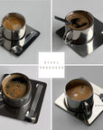Stahl Kaffeetasse mit Quadratischer Untertasse &amp; Löffel