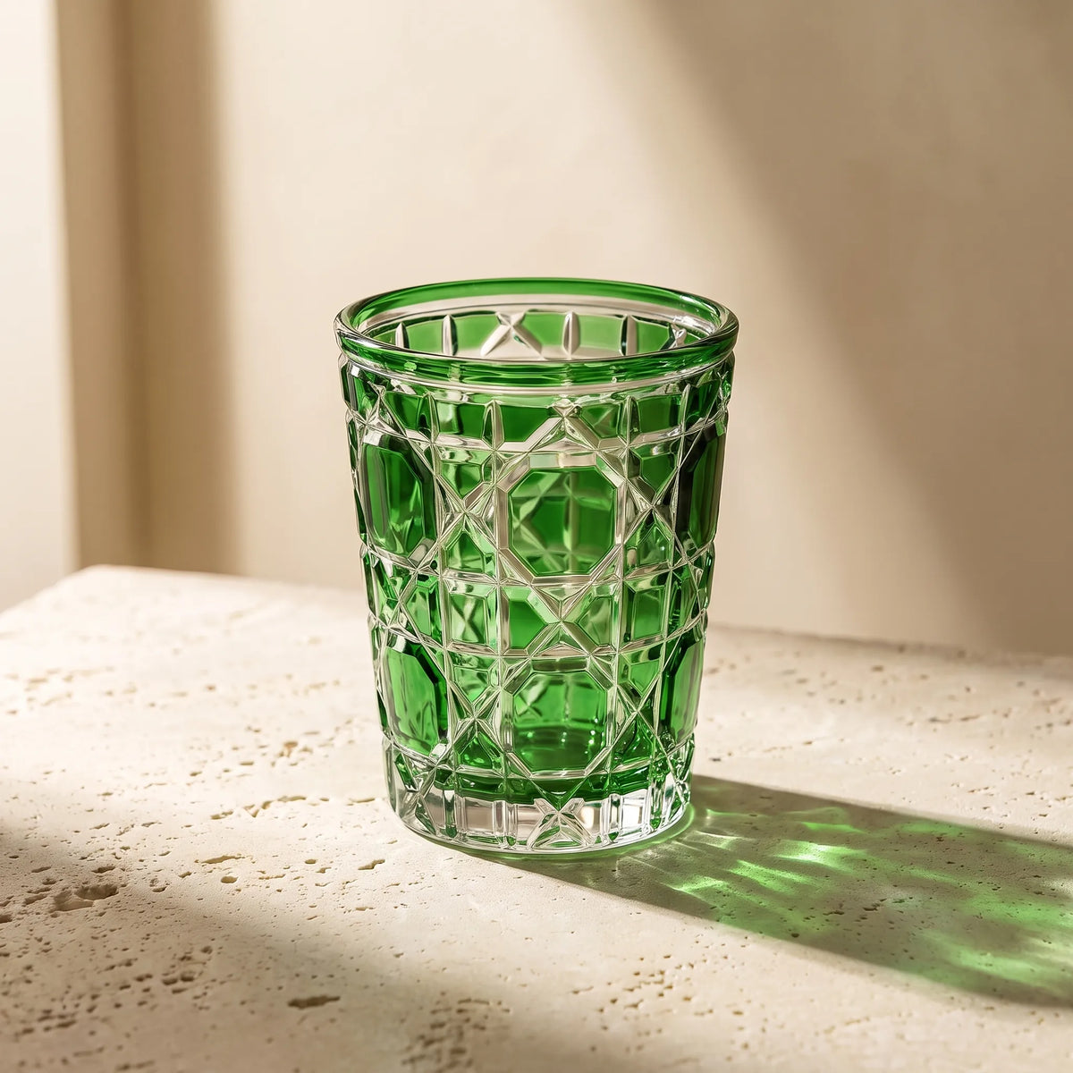 Green Vetra Lattice glass in sunlight, casting a green shadow on a stone table