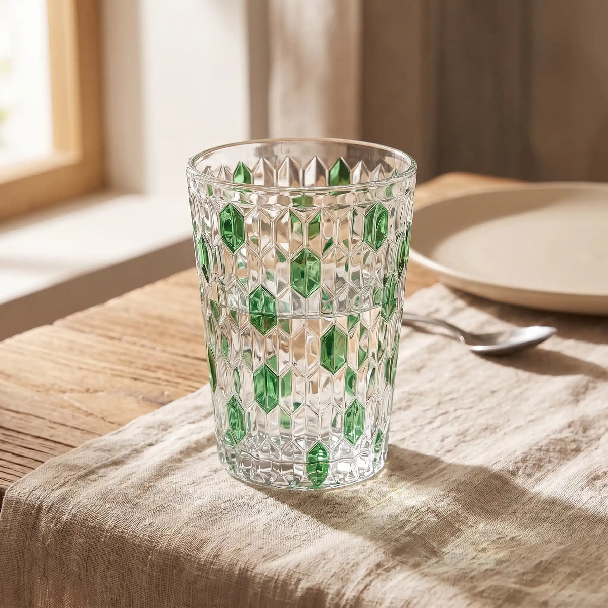 Green Vetra Raindrop glass with water on a linen tablecloth