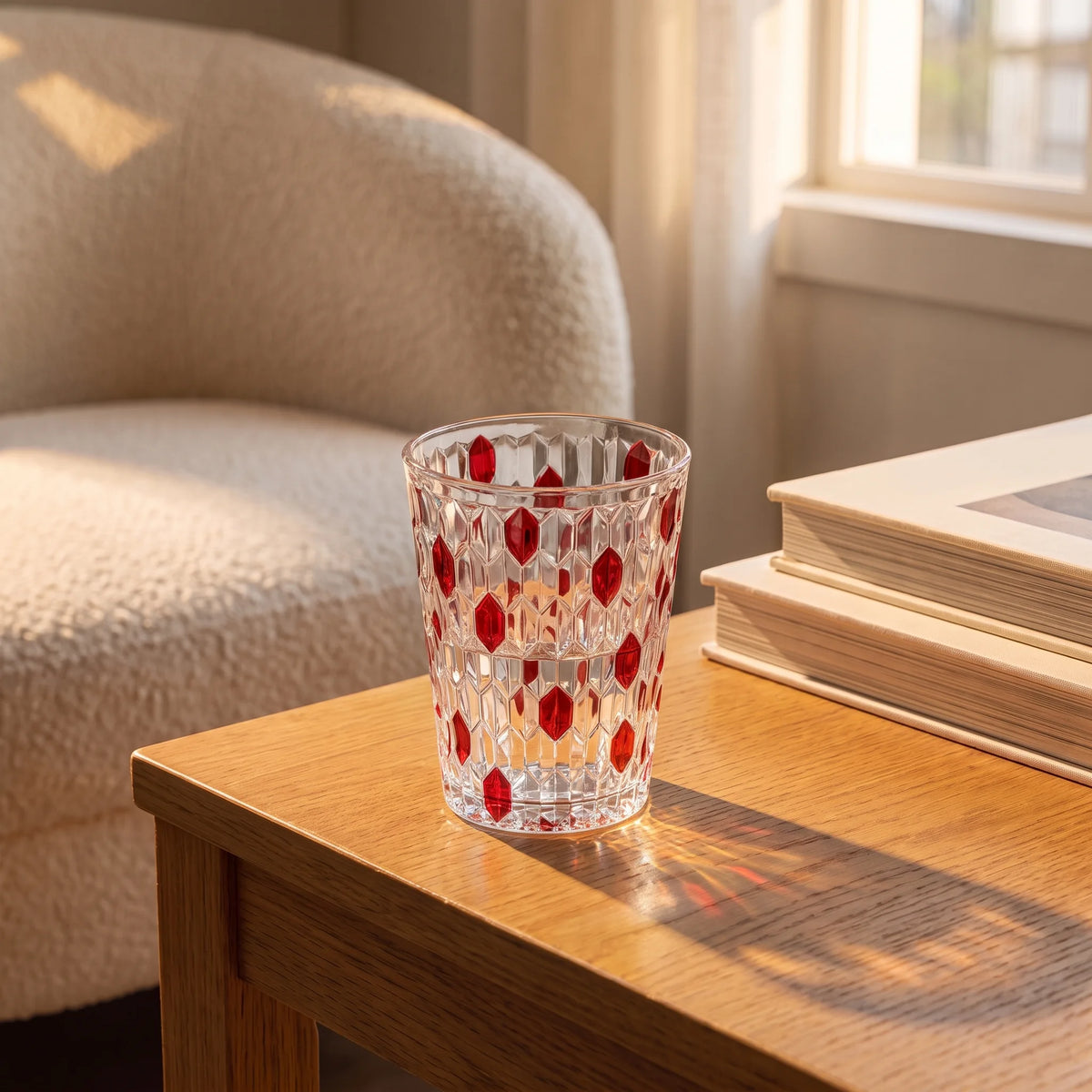 Red Vetra Raindrop glass with water on an oak side table