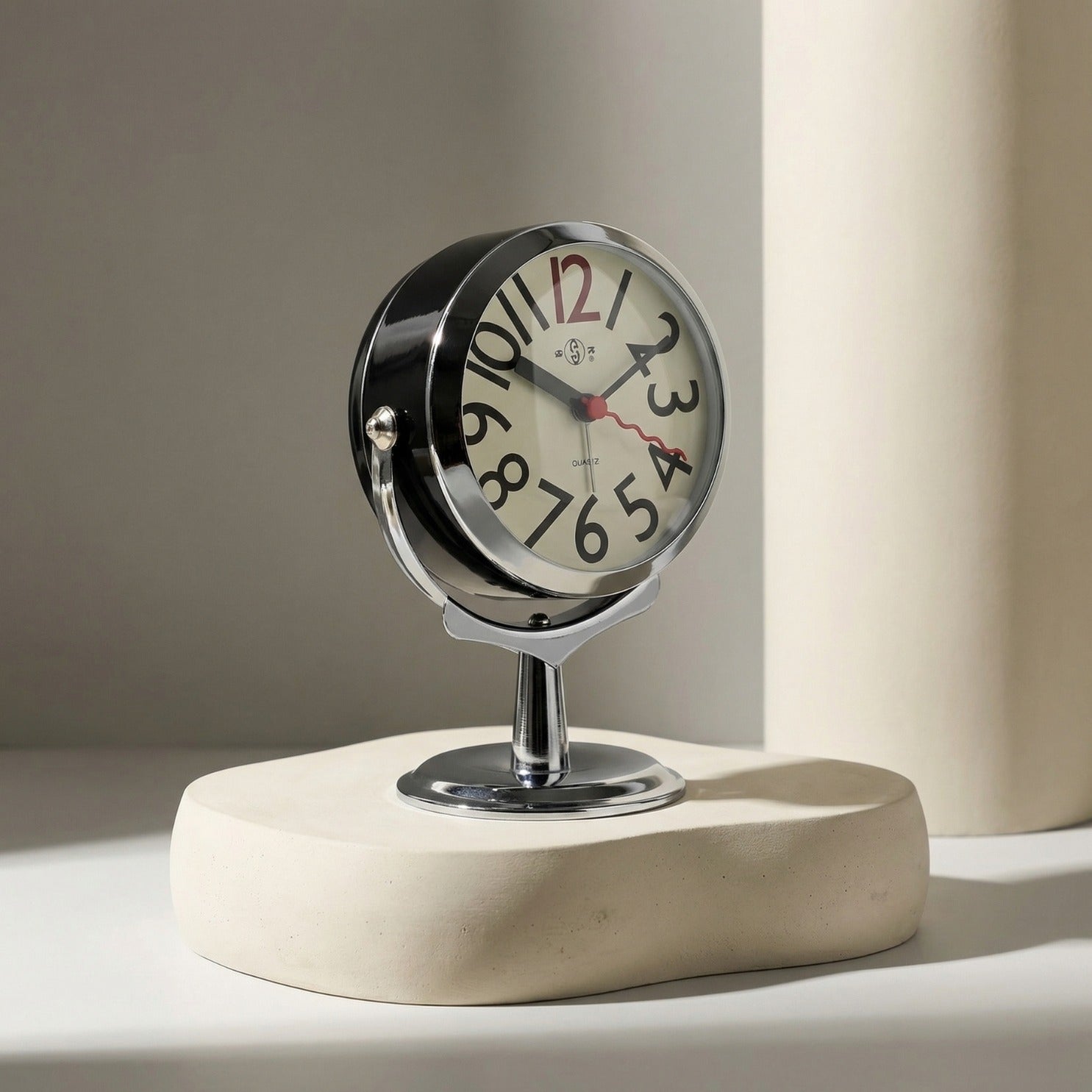 Table clock with a unique design on a neutral background