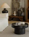 Black Seal coffee table with natural wood texture, set in an elegant living room with decor accents and a cozy white sofa.