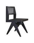 Black wood-mounted dining chair with rattan woven seat and back, featuring modern design and elegant lines.