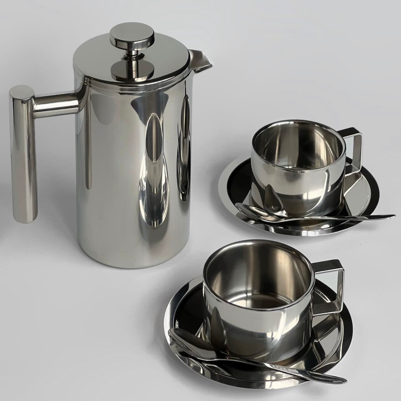 Two Italian Steel Coffee Cups &amp; Stainless Steel French Press
